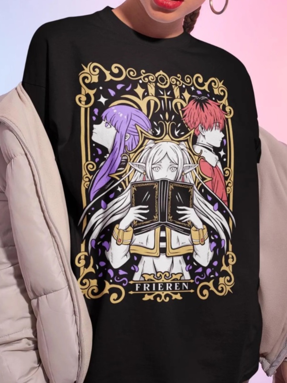 Comfort Colors Black Anime Graphic Tee with Purple & Red Accents